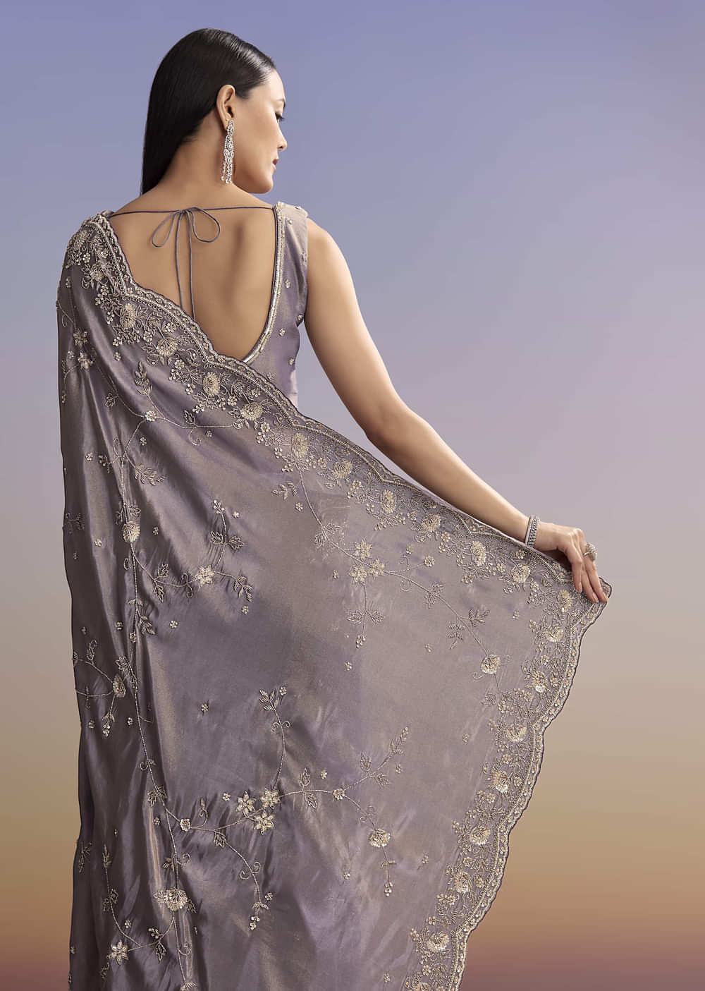 Purple Tissue Saree With Cutdana And Bead Embroidery