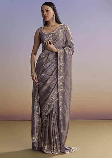 Purple Tissue Saree With Cutdana And Bead Embroidery