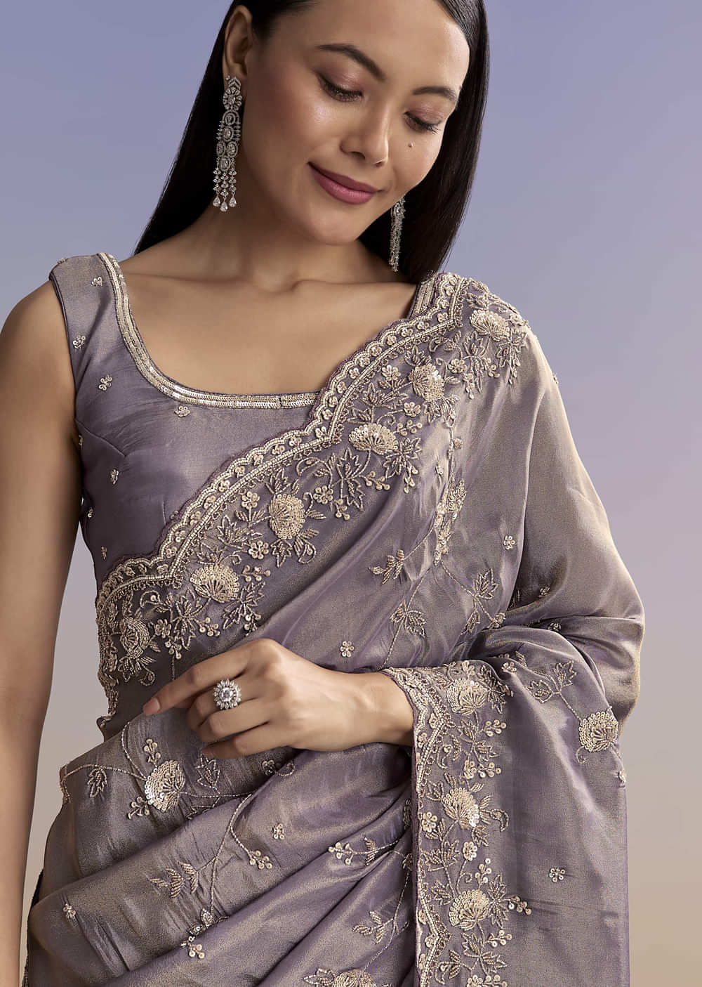 Purple Tissue Saree With Cutdana And Bead Embroidery