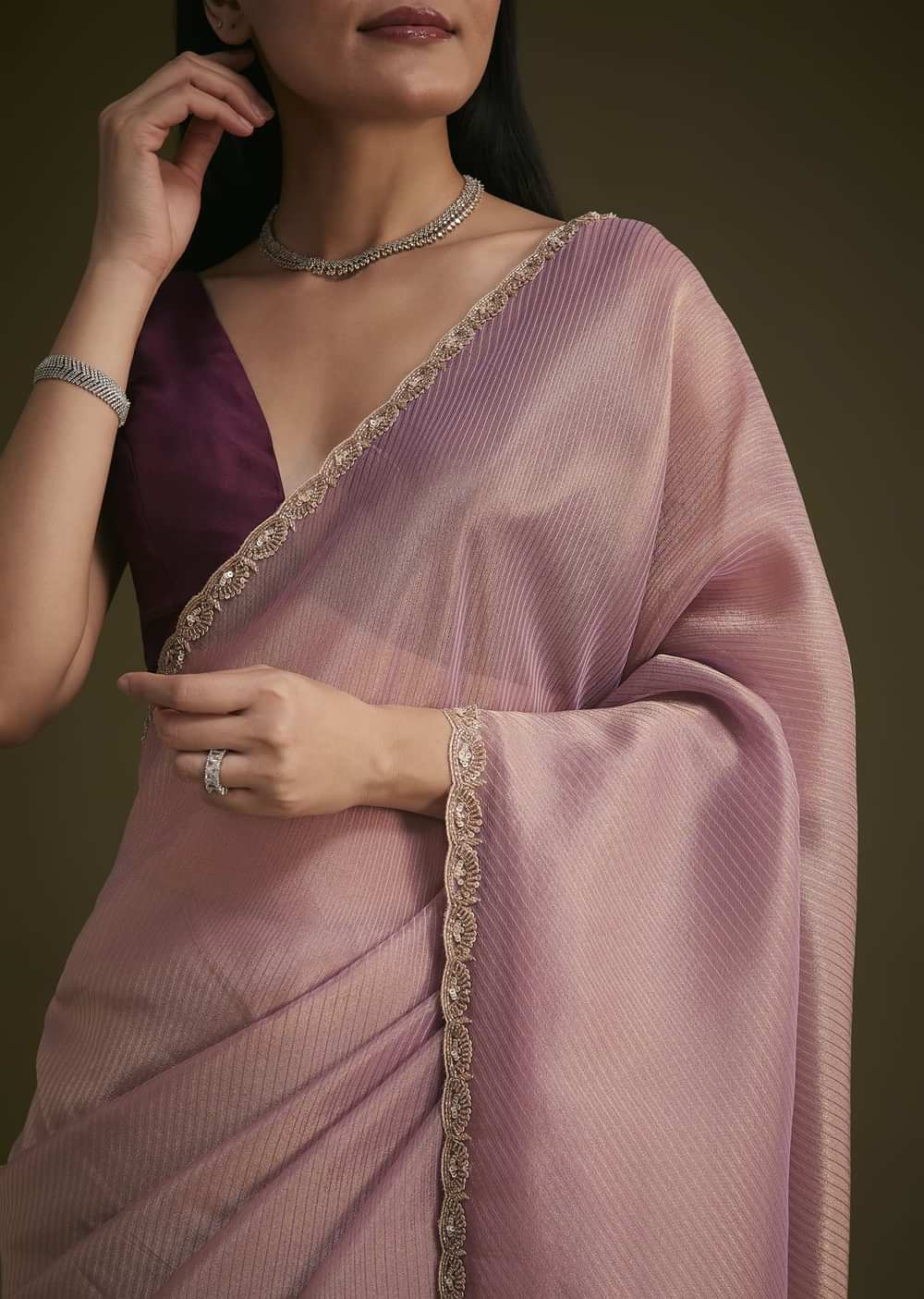 Purple Tissue Sequins Saree With Contrast Blouse