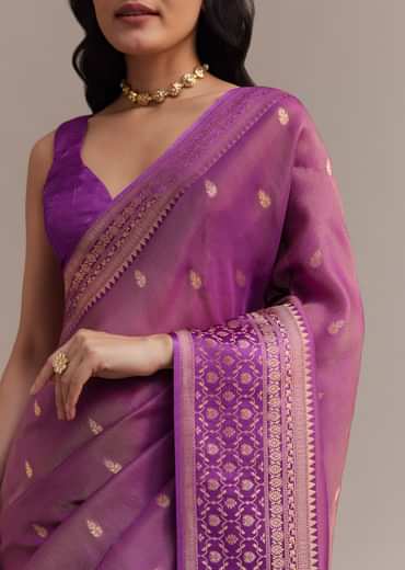 Lavendar Tissue Silk Saree With Butti Work And Chanderi Zari Woven Border
