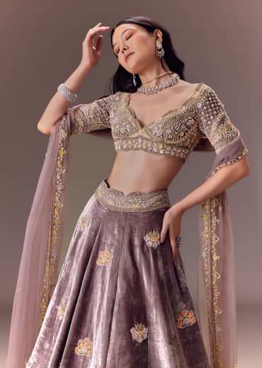 Purple Velvet Lehenga Set With Hand Work Patching