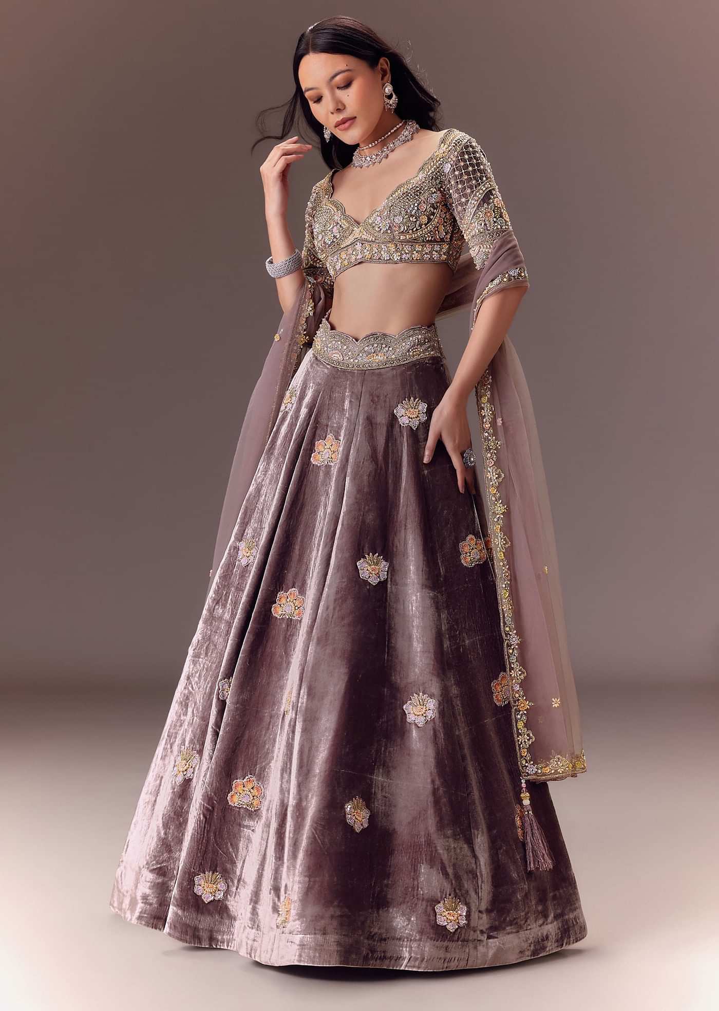 Purple Velvet Lehenga Set With Hand Work Patching