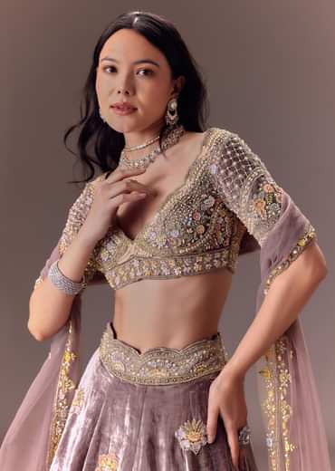 Purple Velvet Lehenga Set With Hand Work Patching