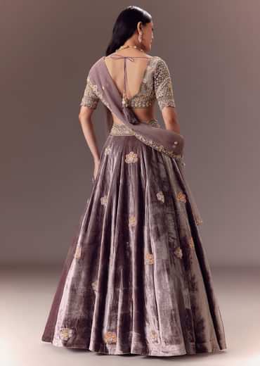 Purple Velvet Lehenga Set With Hand Work Patching