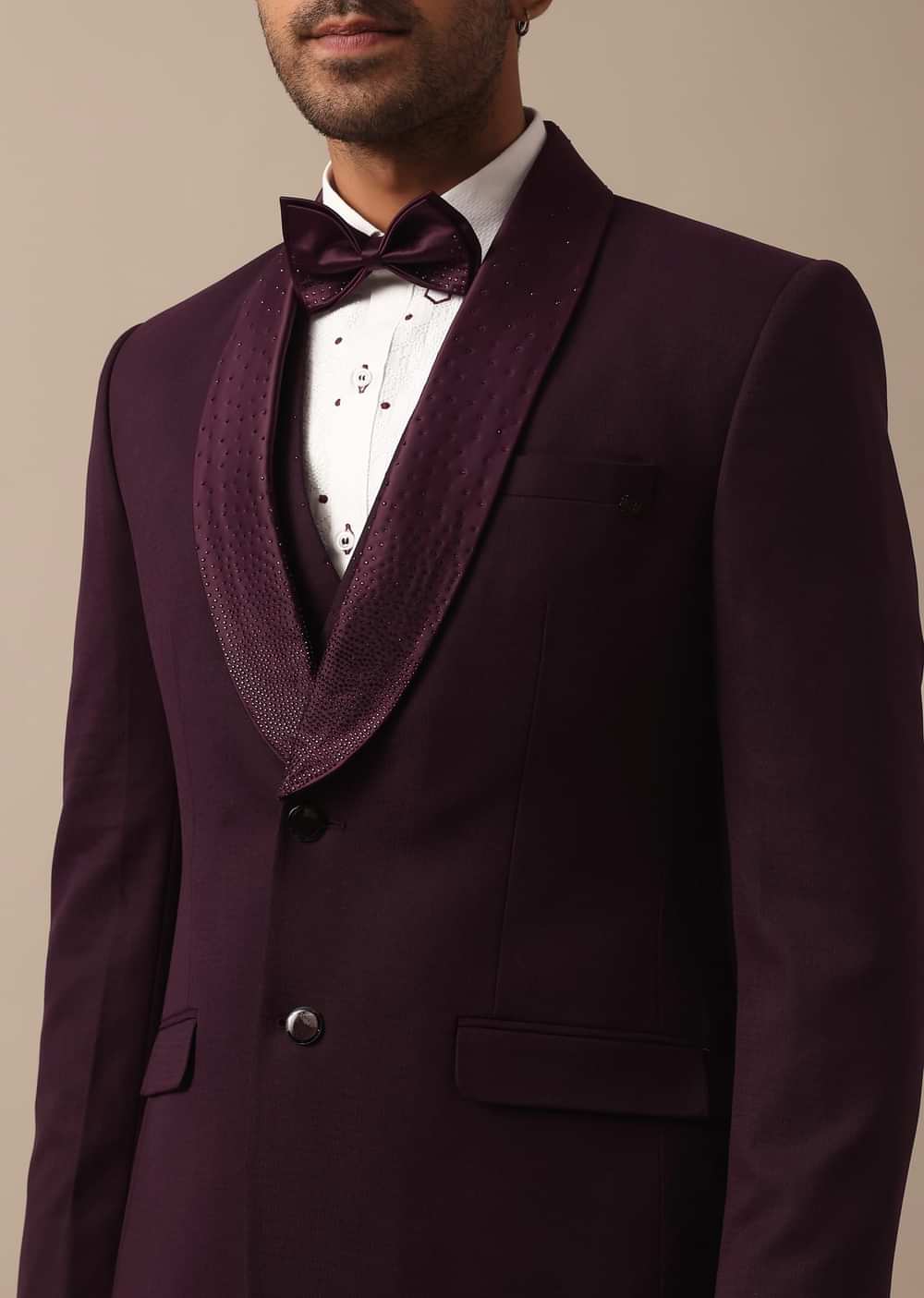 Purple Wine Coloured Tuxedo With Intricate All Over Embroidery