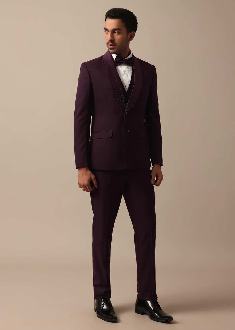 Purple Wine Coloured Tuxedo With Intricate All Over Embroidery