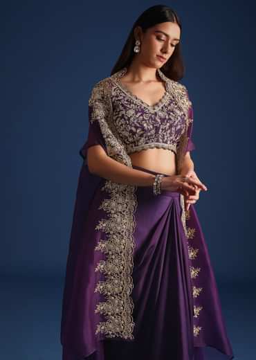 Purple Zardozi Work Jacket With Crop Top And Skirt