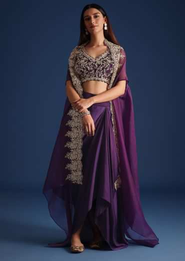 Purple Zardozi Work Jacket With Crop Top And Skirt