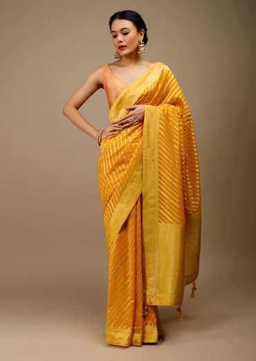 Radiant yellow georgette saree with brocade stripes