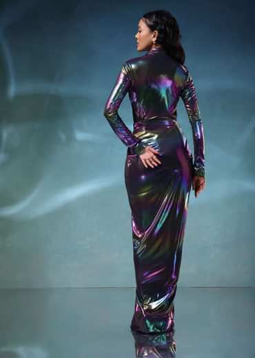 Rainbow Metallic One Piece Gown In Metallic And Mesh Fabric