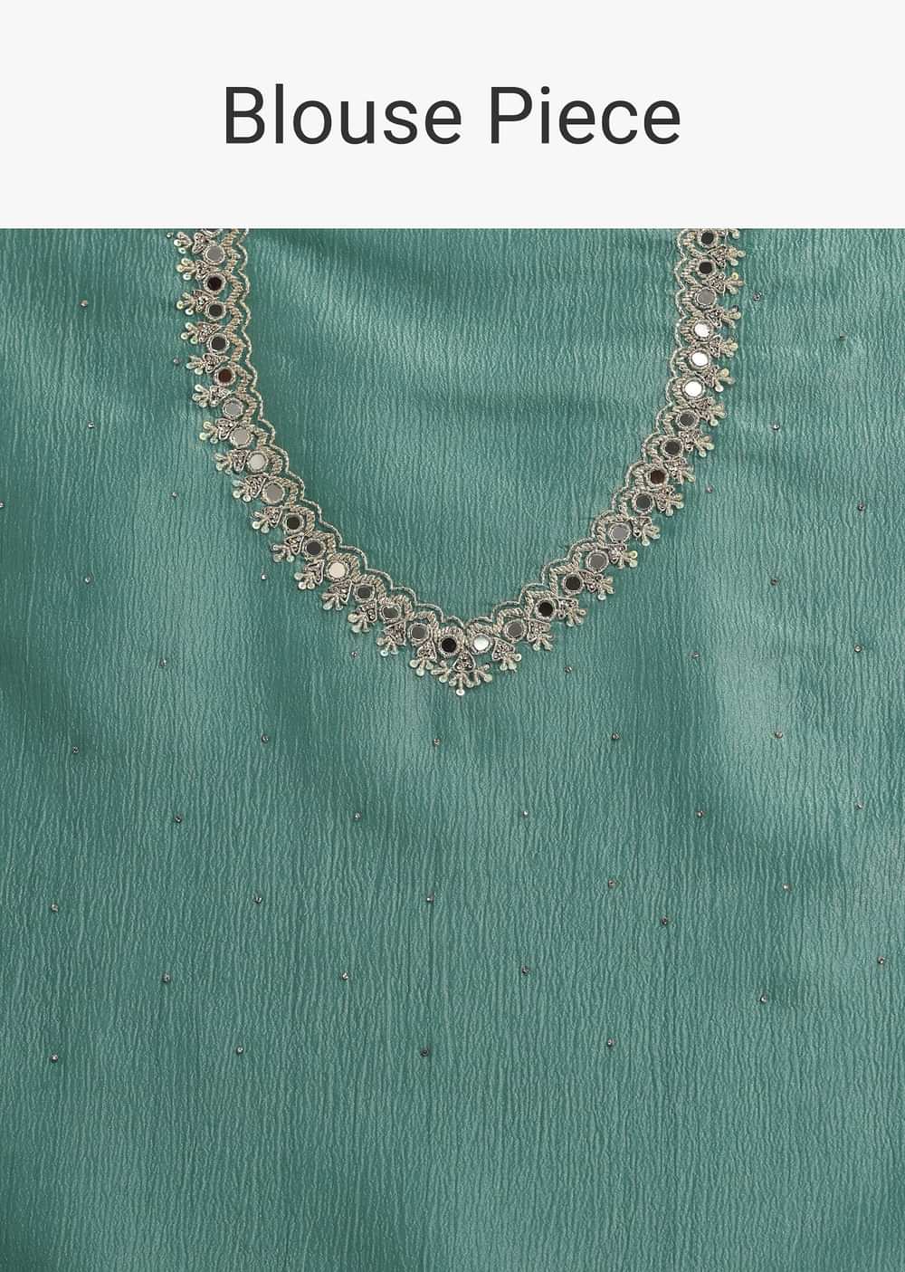 Rama Green Crushed Tissue Saree With Mirror and Cutdana Embellished Border