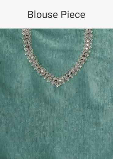 Rama Green Crushed Tissue Saree With Mirror and Cutdana Embellished Border