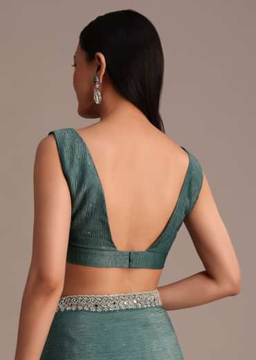 Rama Green Crushed Tissue Saree With Mirror and Cutdana Embellished Border
