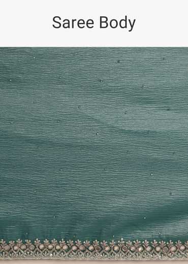 Rama Green Crushed Tissue Saree With Mirror and Cutdana Embellished Border