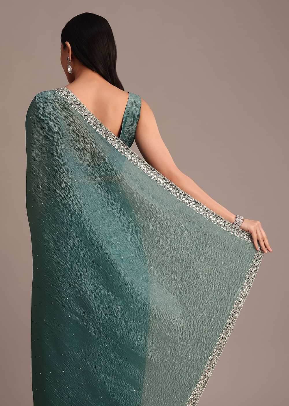 Rama Green Crushed Tissue Saree With Mirror and Cutdana Embellished Border