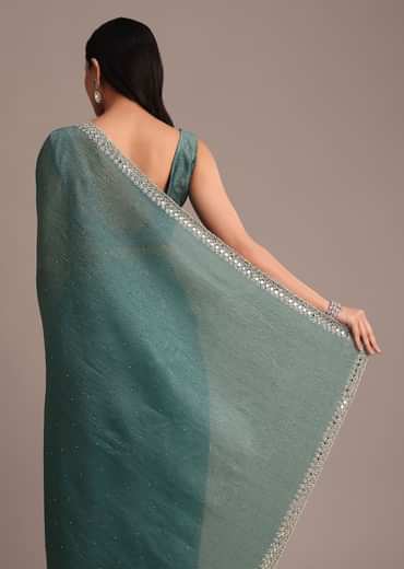 Rama Green Crushed Tissue Saree With Mirror and Cutdana Embellished Border