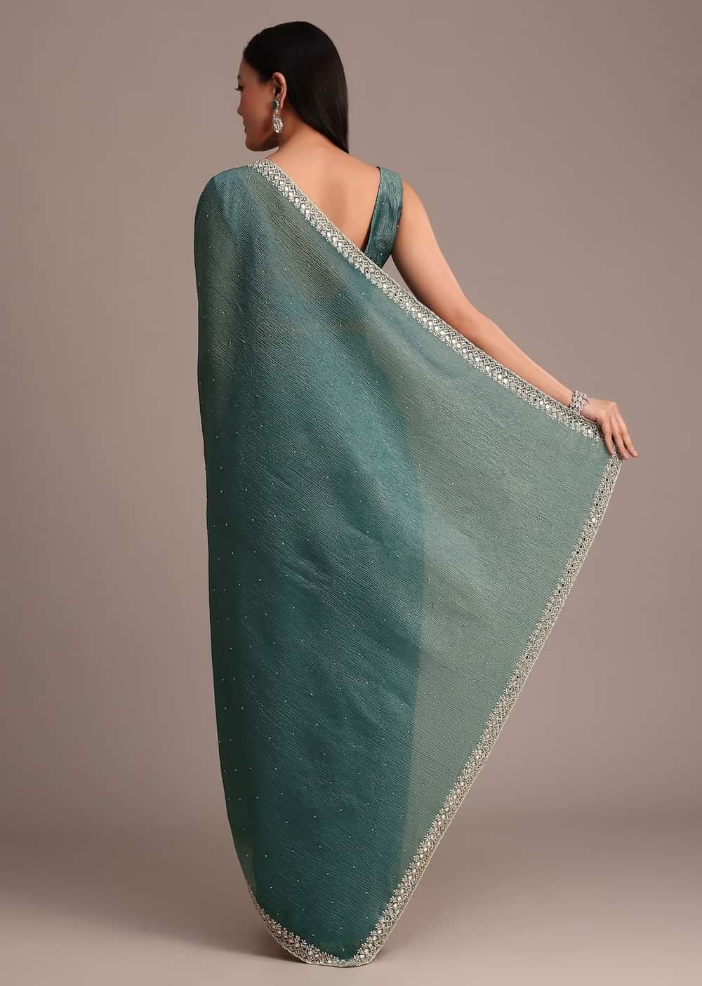 Rama Green Crushed Tissue Saree With Mirror and Cutdana Embellished Border