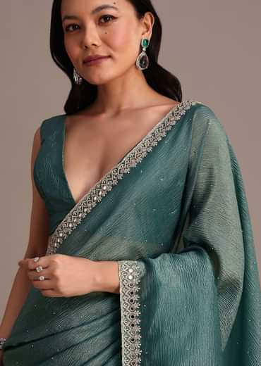 Rama Green Crushed Tissue Saree With Mirror and Cutdana Embellished Border