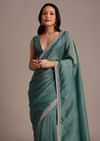 Rama Green Crushed Tissue Saree With Mirror and Cutdana Embellished Border