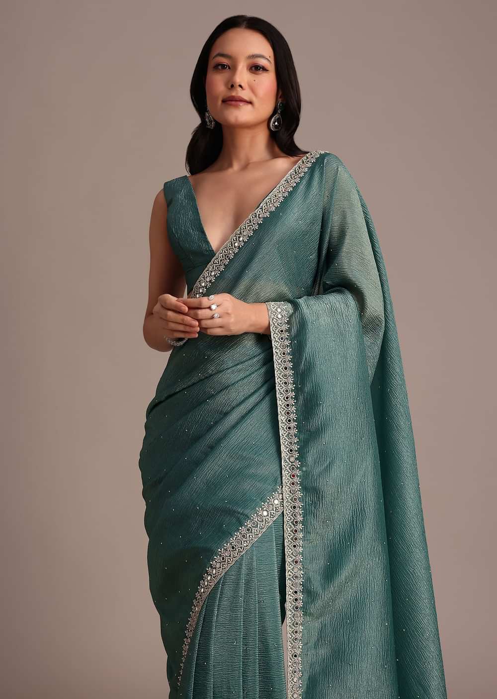 Rama Green Crushed Tissue Saree With Mirror and Cutdana Embellished Border