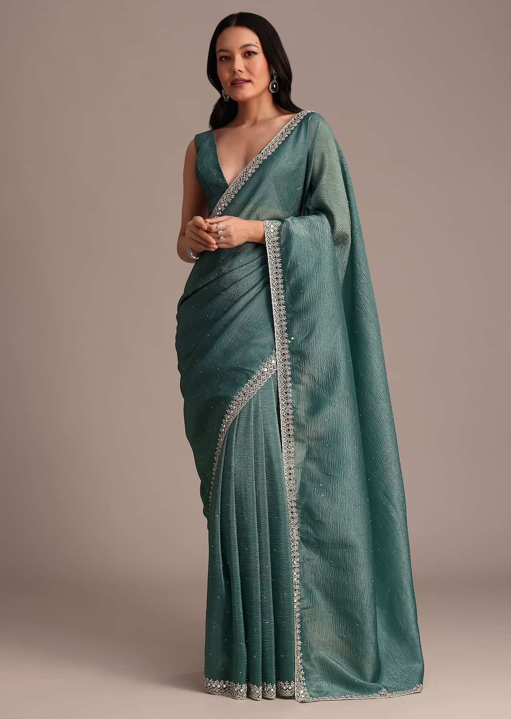 Rama Green Crushed Tissue Saree With Mirror and Cutdana Embellished Border