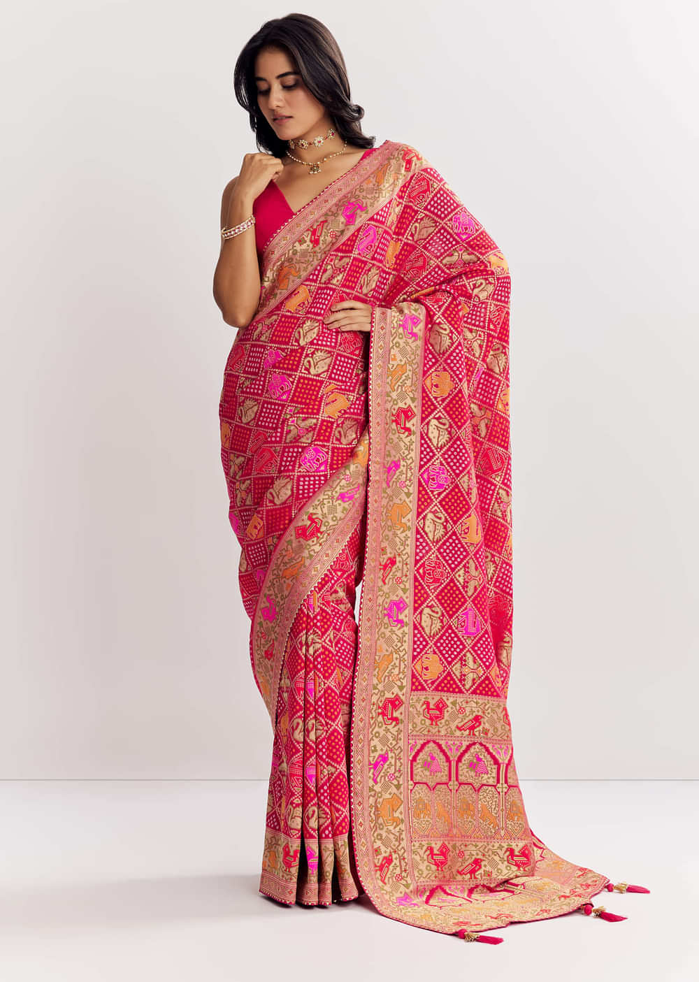 Rani Dola Silk Bandhani Saree With Multicolor Animal Motifs And Gota Border