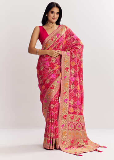 Rani Dola Silk Bandhani Saree With Multicolor Animal Motifs And Gota Border
