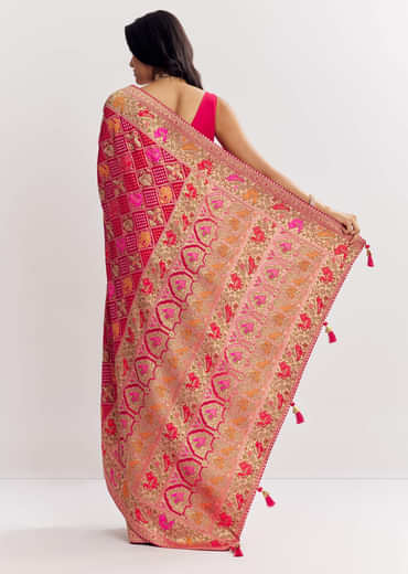 Rani Dola Silk Bandhani Saree With Multicolor Animal Motifs And Gota Border