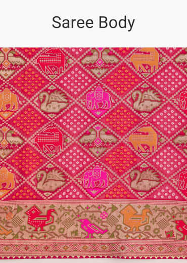 Rani Dola Silk Bandhani Saree With Multicolor Animal Motifs And Gota Border