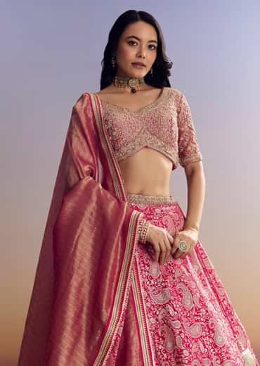 Rani Pink Banarasi Lehenga Set With Embroidered Choli