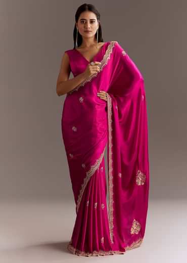 Rani Pink Chinon Saree With Cutdana Butta And Scallop Border