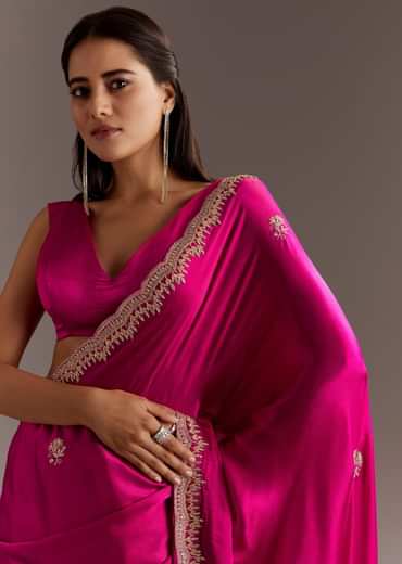 Rani Pink Chinon Saree With Cutdana Butta And Scallop Border