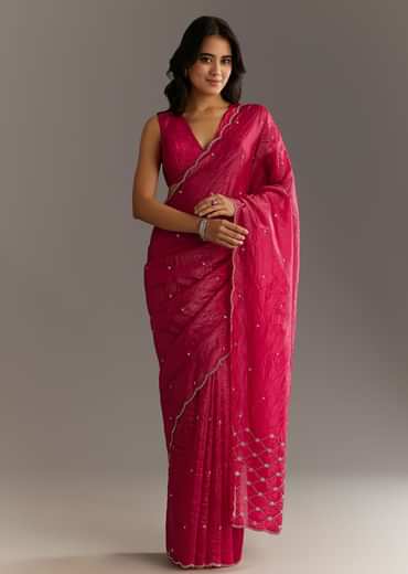 Rani Pink Crushed Tissue Saree With Cutdana And Sequin Embroidery