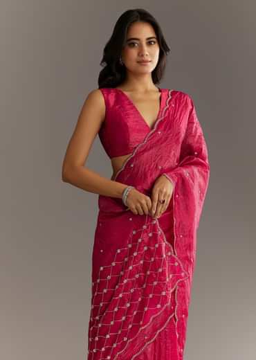 Rani Pink Crushed Tissue Saree With Cutdana And Sequin Embroidery