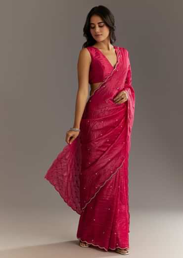 Rani Pink Crushed Tissue Saree With Cutdana And Sequin Embroidery