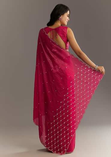 Rani Pink Crushed Tissue Saree With Cutdana And Sequin Embroidery