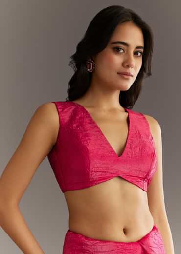 Rani Pink Crushed Tissue Saree With Cutdana And Sequin Embroidery