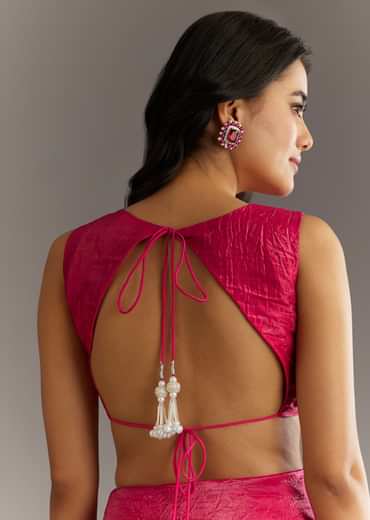 Rani Pink Crushed Tissue Saree With Cutdana And Sequin Embroidery