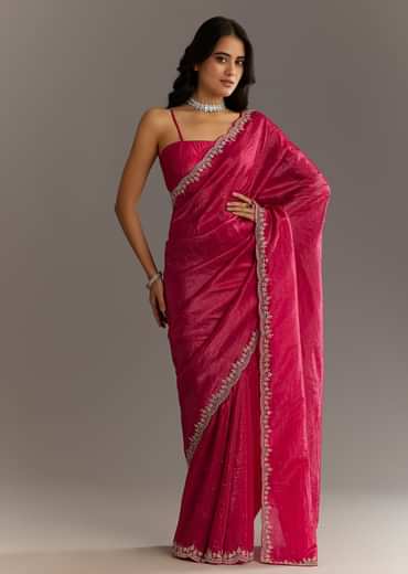 Rani Pink Crushed Tissue Saree With Stone Embellishments And Scallop Border