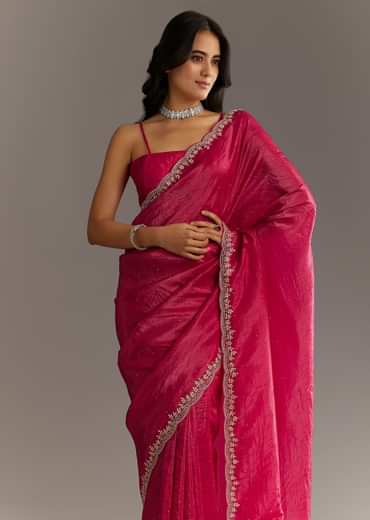Rani Pink Crushed Tissue Saree With Stone Embellishments And Scallop Border