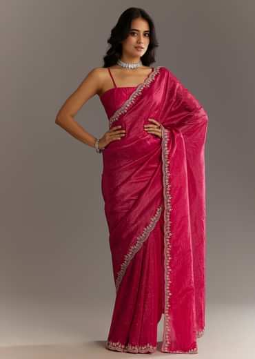 Rani Pink Crushed Tissue Saree With Stone Embellishments And Scallop Border