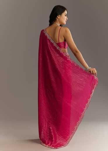 Rani Pink Crushed Tissue Saree With Stone Embellishments And Scallop Border