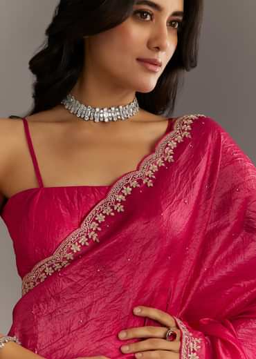 Rani Pink Crushed Tissue Saree With Stone Embellishments And Scallop Border