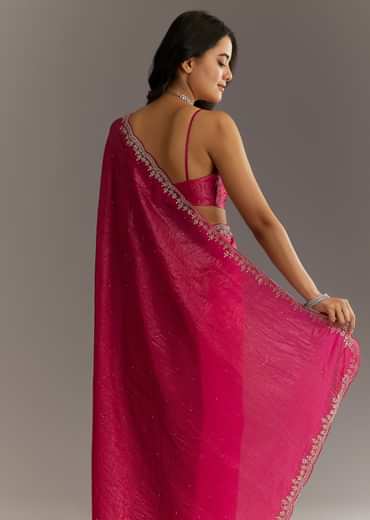 Rani Pink Crushed Tissue Saree With Stone Embellishments And Scallop Border