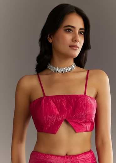 Rani Pink Crushed Tissue Saree With Stone Embellishments And Scallop Border