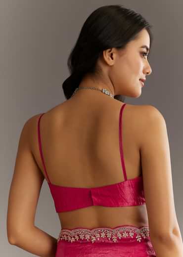 Rani Pink Crushed Tissue Saree With Stone Embellishments And Scallop Border