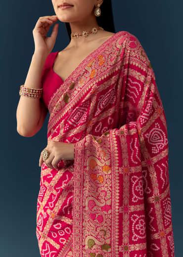 Rani Pink Dola Silk Bandhani Woven Saree with Unstitched Blouse