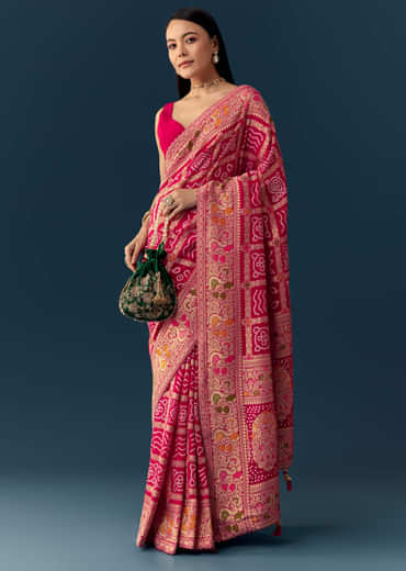 Rani Pink Dola Silk Bandhani Woven Saree with Unstitched Blouse