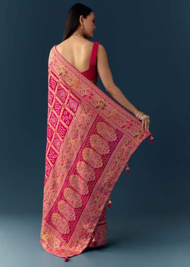 Rani Pink Dola Silk Bandhani Woven Saree with Unstitched Blouse